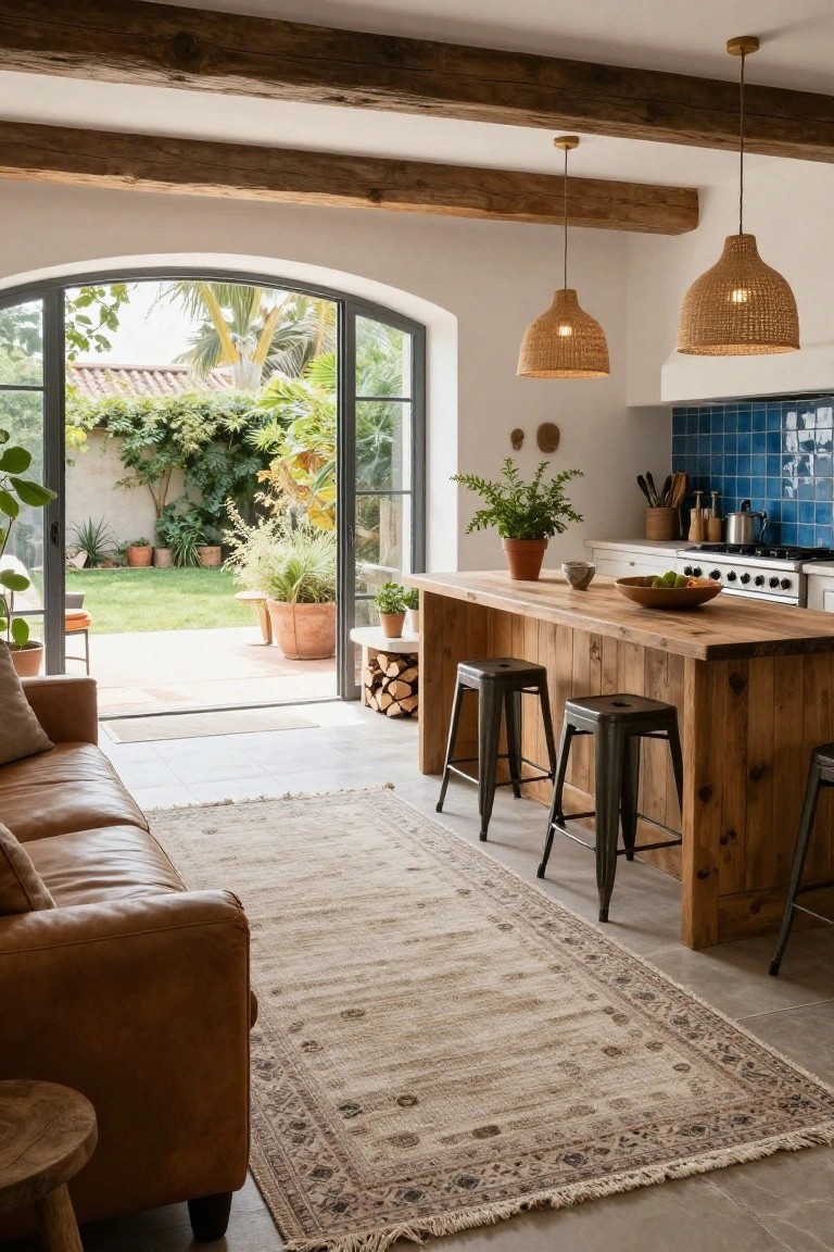 Bright interior of a Mediterranean kitchen-living room with exposed wood beams, blue tile backsplash, large wooden island with black metal stools, tan leather sofa on a beige patterned rug, potted plants, rattan pendant lights, and arched doors open to a green garden courtyard.