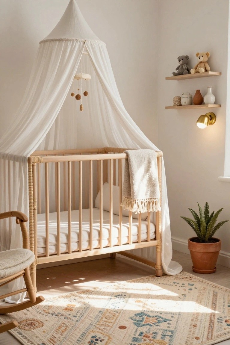 Nursery room with white canopy over wooden crib, patterned rug on floor, rocking chair, toy shelves, potted plant, and wall light.