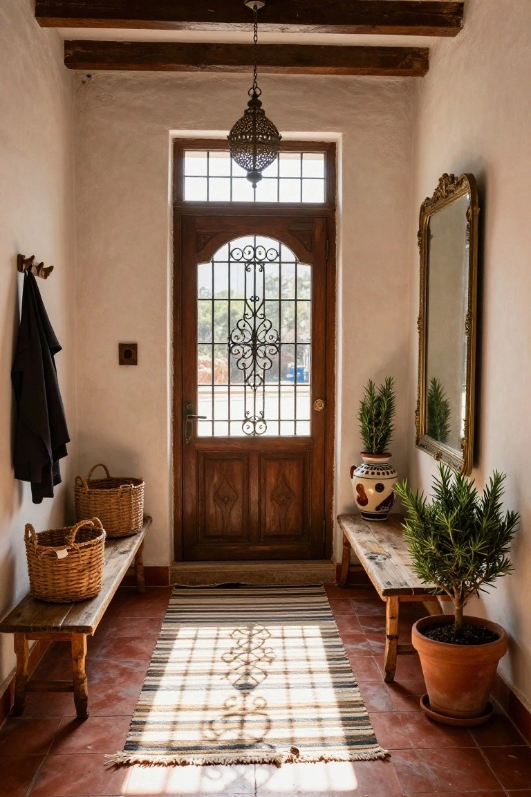 Indoor Mediterranean entryway with terracotta tile floor covered by a striped woven rug, wooden front door with iron grille, wooden benches holding baskets and potted plants, ornate hanging lantern, and gilded mirror on white walls.