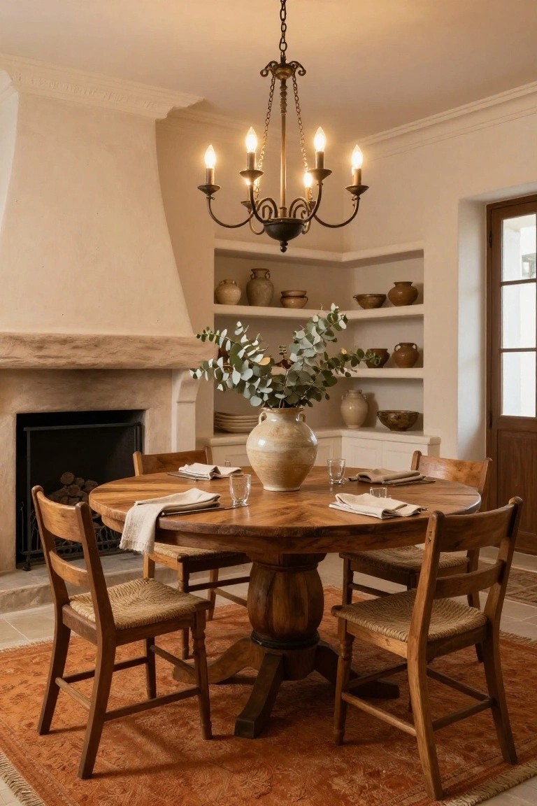 Round wooden dining table with linen napkins and glasses centered on a large orange patterned rug in a beige-walled room with stone fireplace, wooden chairs, built-in shelves holding pottery, and iron chandelier overhead.