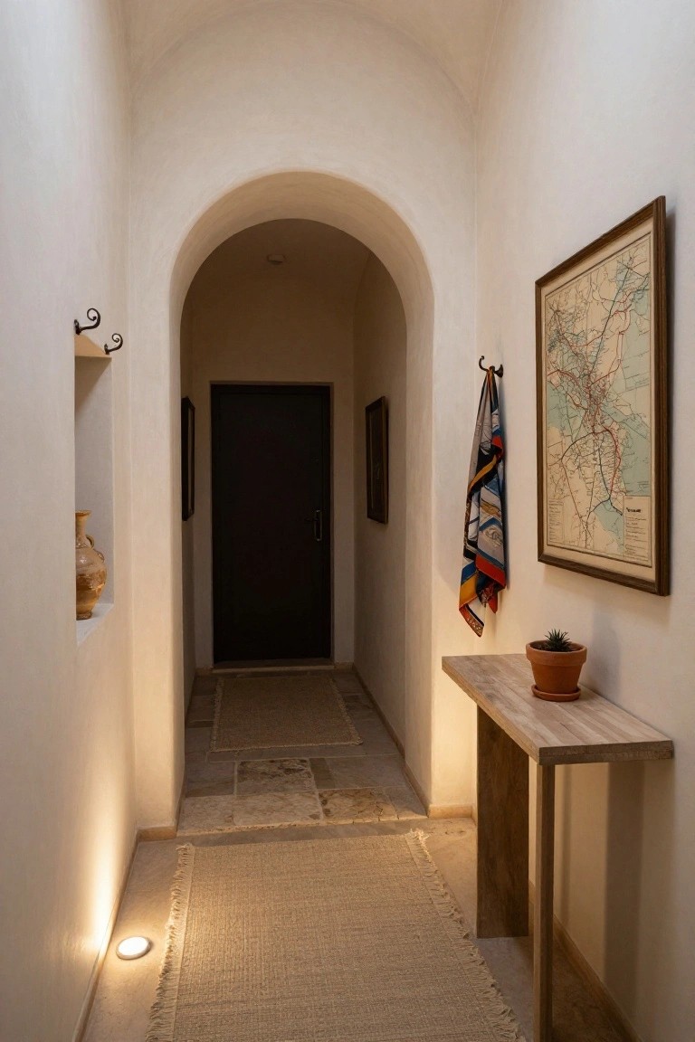 Narrow white-washed hallway with arched opening, black door, stone floor partly covered by light seagrass runner rug, wood console table holding potted succulent, framed map on wall with hanging scarf, and terracotta vase in wall niche.