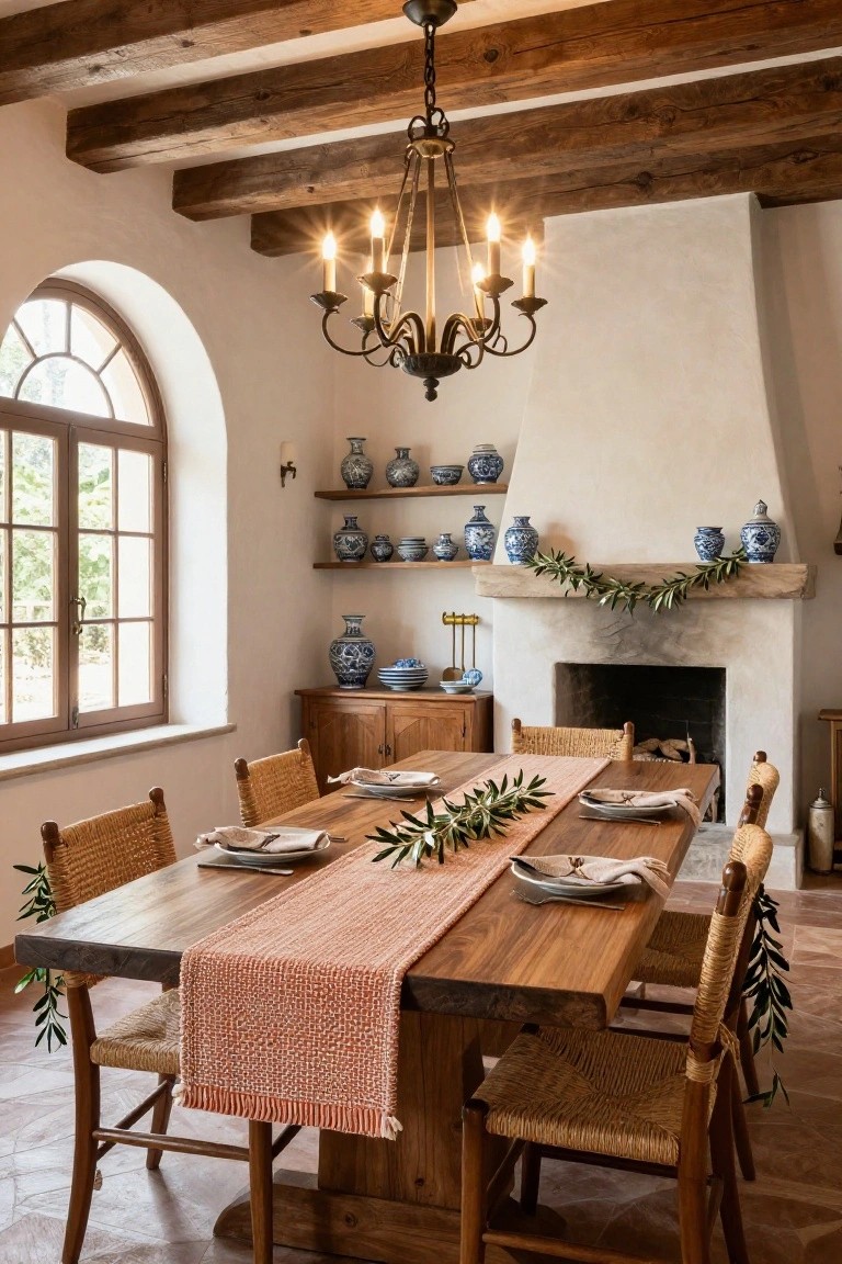 A Mediterranean dining room with exposed wooden beams, white stucco walls, arched window, built-in shelves with blue and white ceramics, stone fireplace with olive garland, wooden dining table set with orange woven runner and olive branches, rattan chairs, and terracotta tile floor.