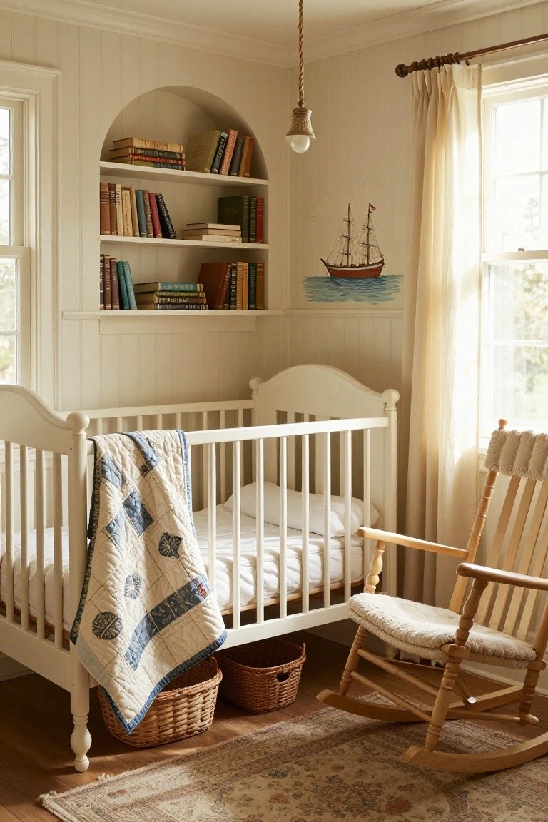 A light-filled nursery with white paneled walls, an arched built-in bookshelf holding books and a model ship, a white crib with blue quilt, wooden rocking chair, sheer curtains, and a boat painting on the wall.