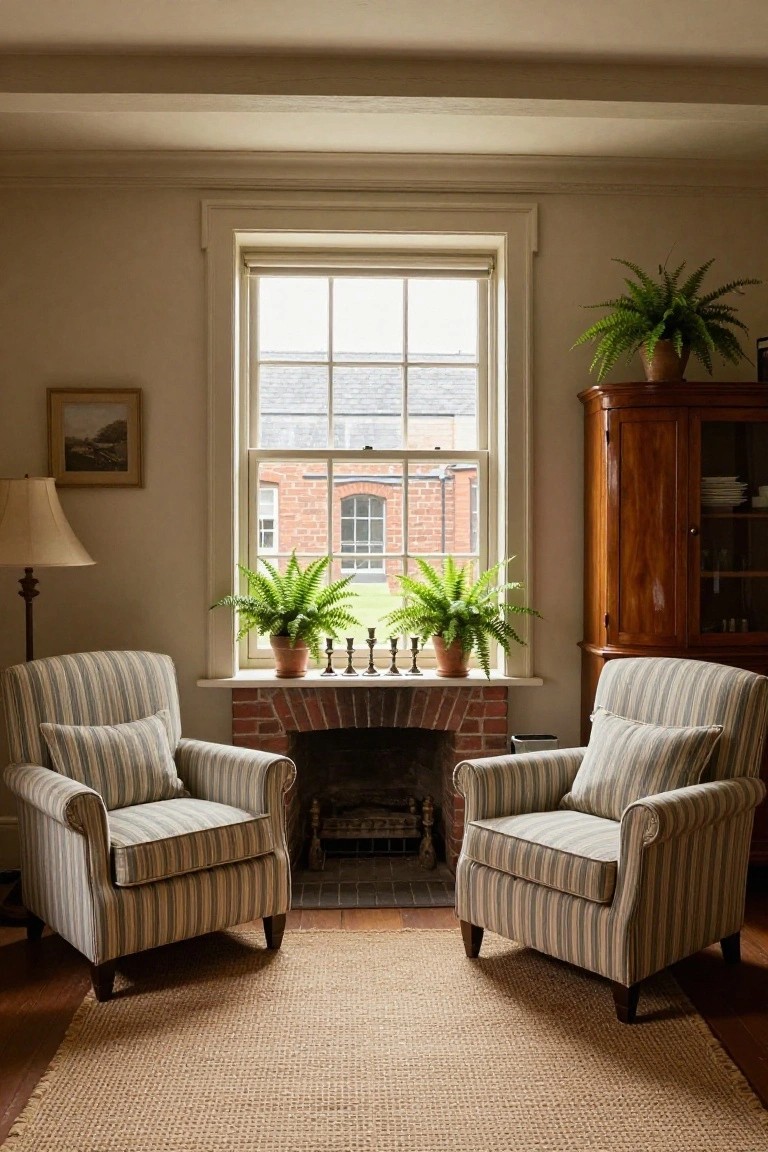 Light beige sitting room with two matching striped armchairs facing a brick fireplace, potted ferns on the windowsill, wooden cabinet, and table lamp nearby.