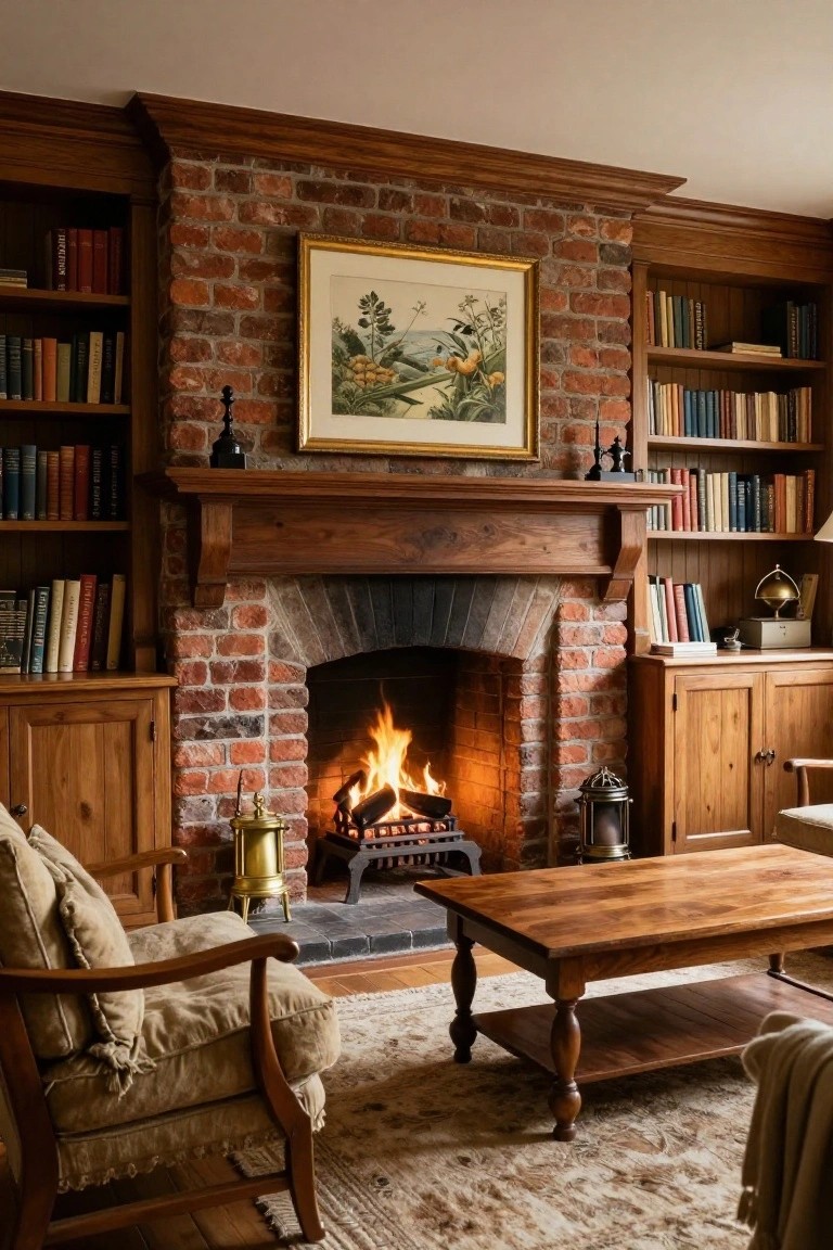 Cozy library interior with lit exposed brick fireplace, flanked by wooden bookshelves, wooden armchairs, coffee table, and brass decor.