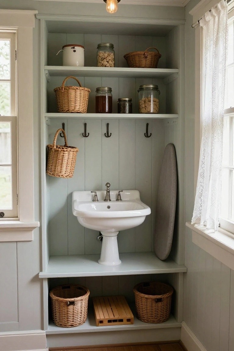 Pale green built-in corner shelving unit with white pedestal sink, wicker baskets, glass jars on shelves, iron hooks, and wooden ironing board next to a window with white curtains.