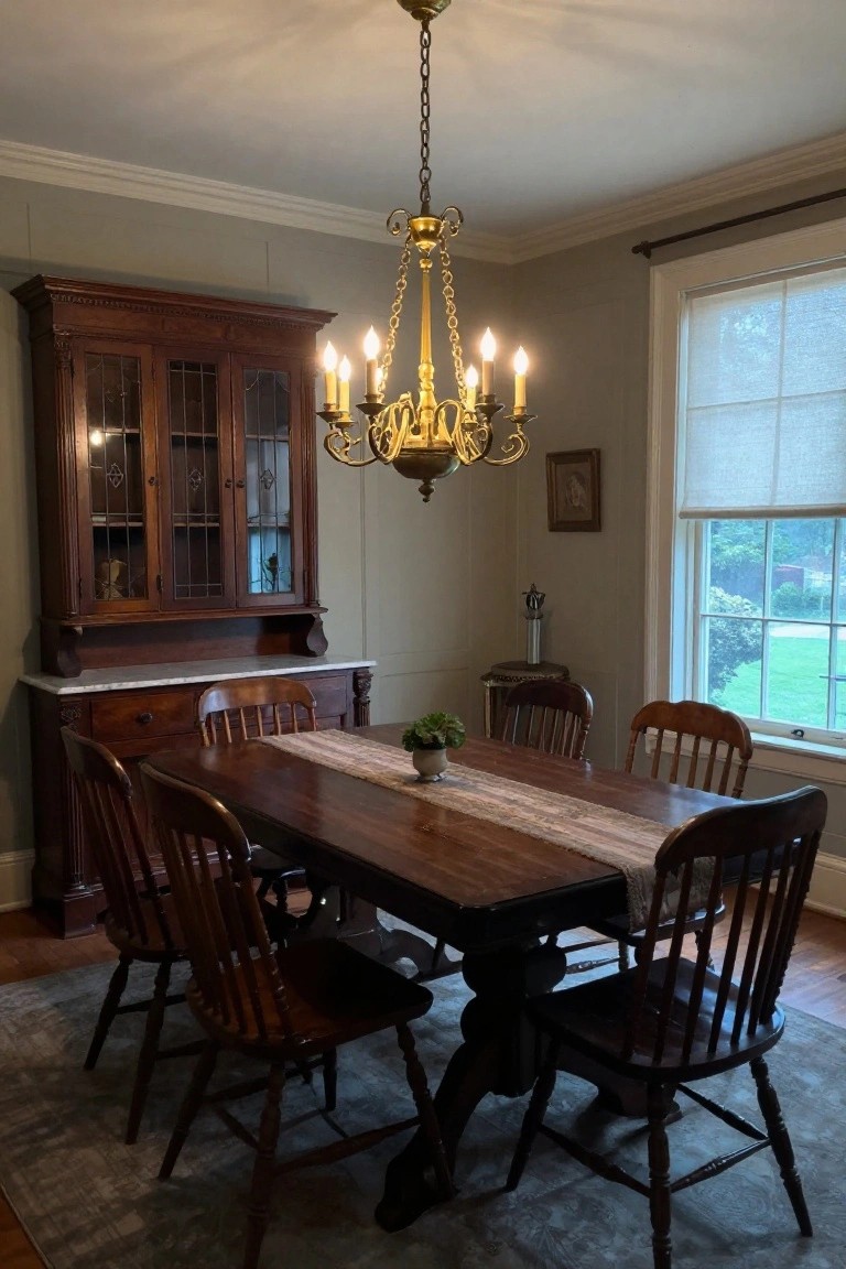 Dining room featuring a tall antique wooden hutch with glass doors and marble top next to a rectangular wooden table with chairs, a chandelier with lit candles above, and a window with sheer shade.