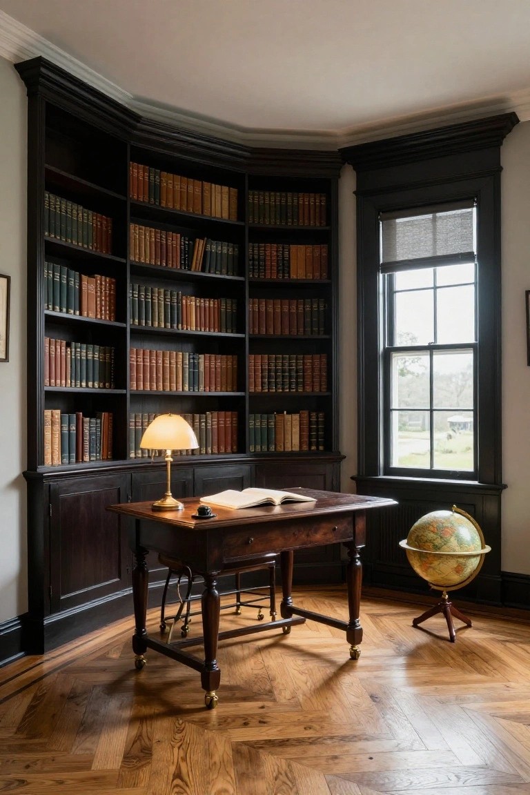Dark wood bookshelves wrapping a corner room filled with leather-bound books, beside an antique wooden desk with lamp, open book, and globe stand next to a window on hardwood floors.