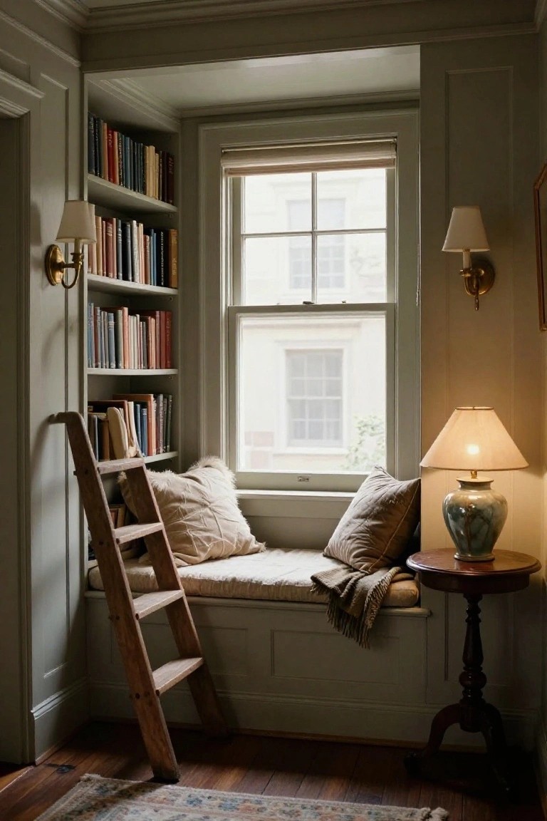 Interior reading nook with built-in bookshelves around a window seat, wooden ladder leaning against shelves, pillows and blanket on the seat, wall lamps, ceramic vase on a side table, hardwood floor, and area rug.