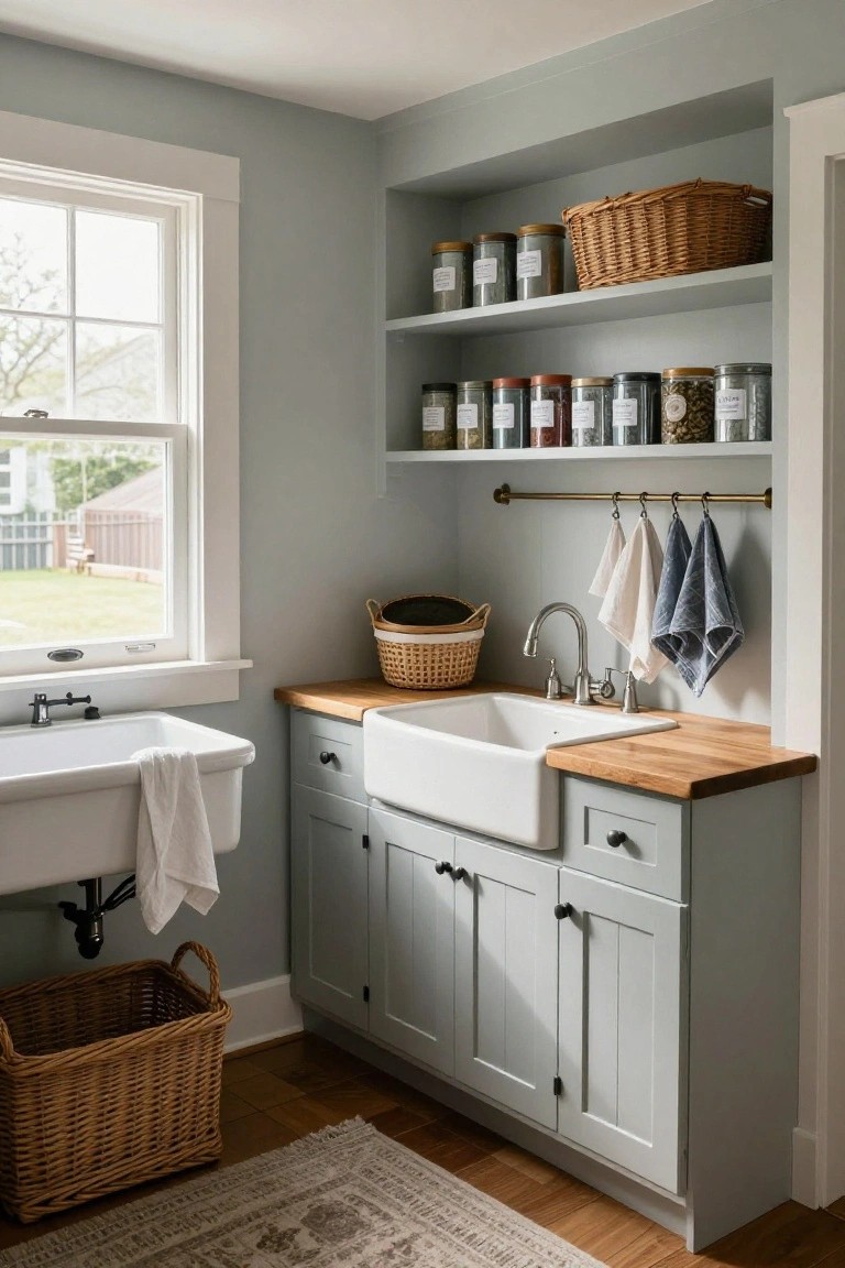 Light blue-gray cabinets and open shelves stocked with glass jars and wicker baskets surround a white farmhouse sink on a wood countertop in a sunny utility room with a window to the outdoors.