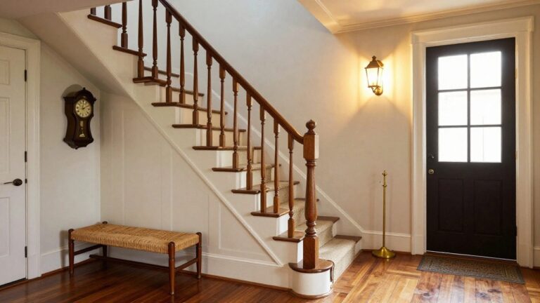 Light entry hall with wide plank hardwood floors, wooden staircase featuring seagrass runner and turned balusters, grandfather clock, rush-seat bench, umbrella stand, and gray front door with sidelights.