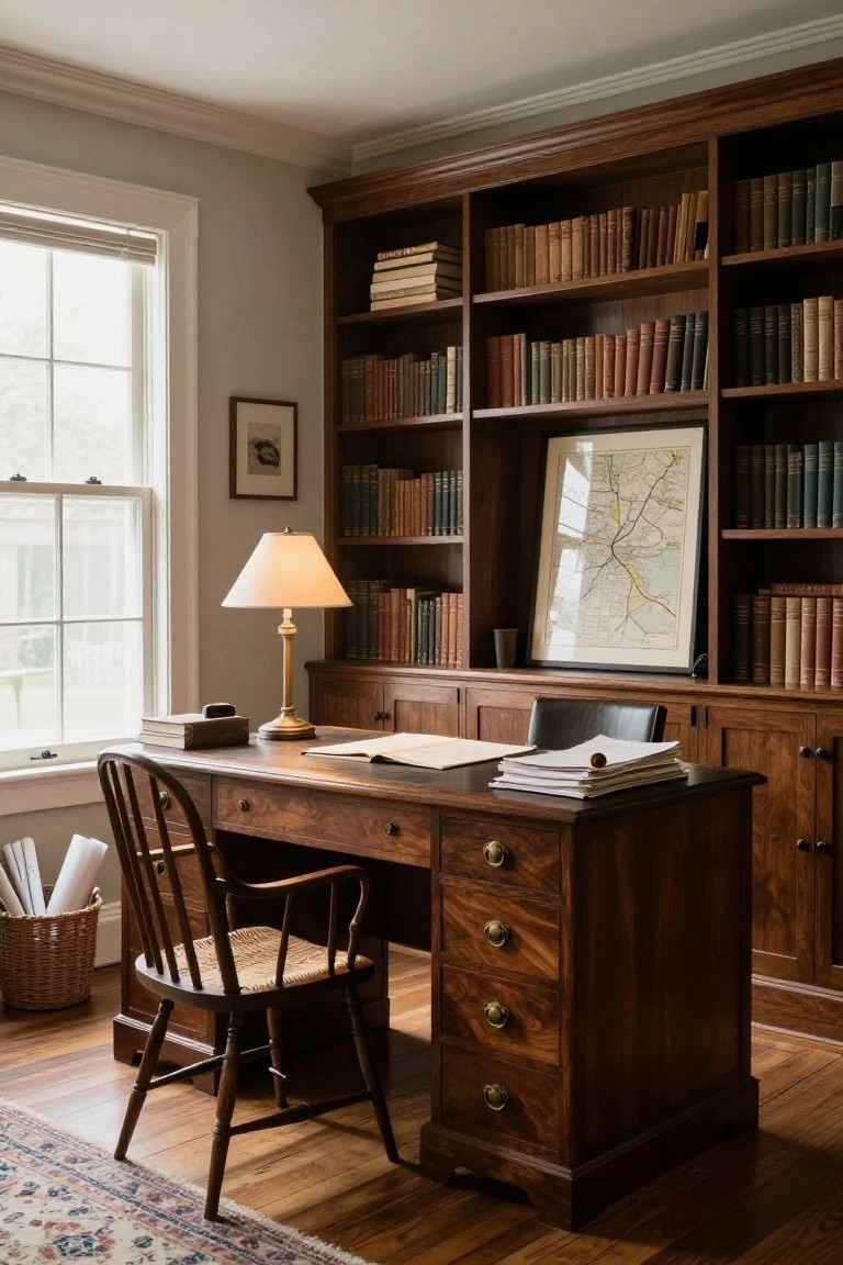 Home study room with floor-to-ceiling wooden bookshelves lining the walls around a wooden desk and chair, lamp, open books, papers, window, and map on the wall.