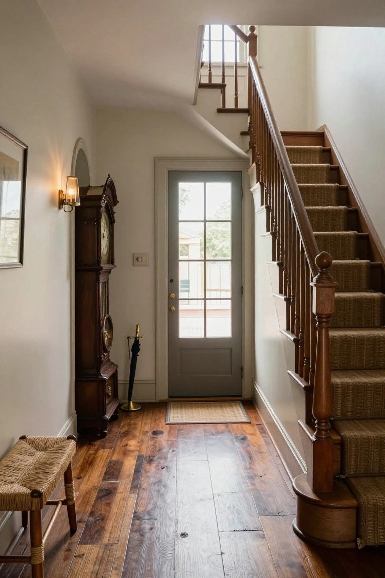 Light entry hall with wide plank hardwood floors, wooden staircase featuring seagrass runner and turned balusters, grandfather clock, rush-seat bench, umbrella stand, and gray front door with sidelights.