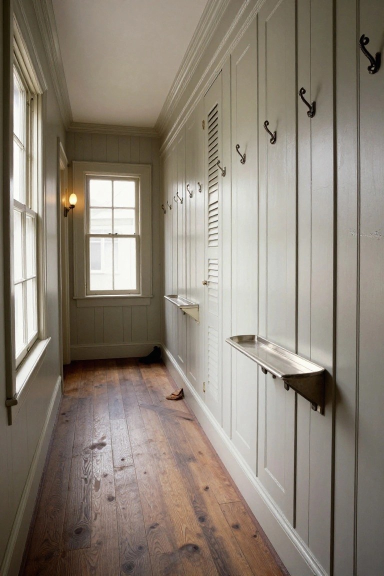 Narrow interior hallway with light gray paneled walls lined with multiple metal coat hooks, a stainless steel shelf mounted on one wall, wooden plank flooring, two windows, and a single shoe and boot on the floor.