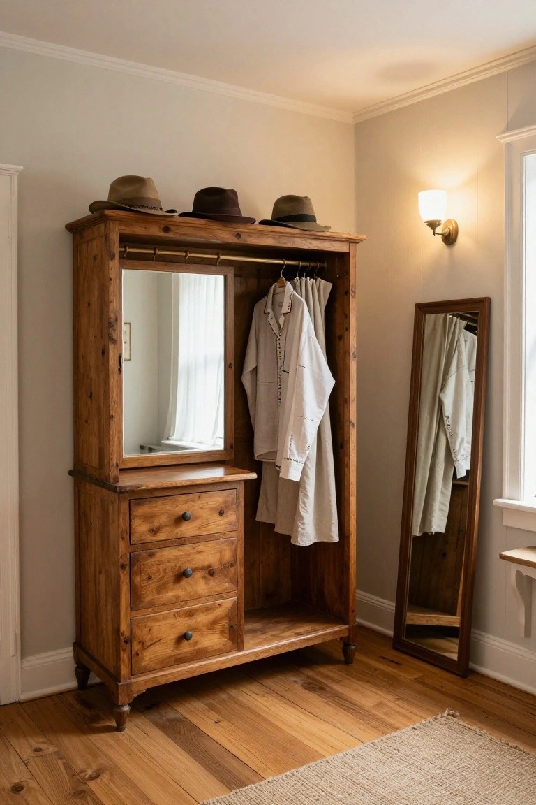 Wooden armoire with three hats on top, white shirts hanging inside open doors, integrated mirror, and three drawers below, positioned in a bedroom corner beside a full-length mirror on hardwood floors.