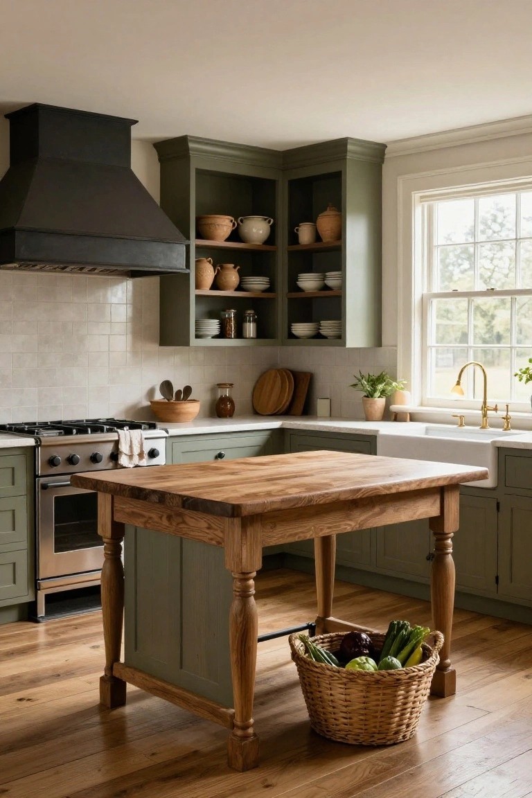 Kitchen interior with sage green shaker cabinets, open shelving displaying pottery, white subway-style tile backsplash, stainless steel range under black hood, wooden freestanding island table, farmhouse sink, and basket of vegetables on hardwood floor.