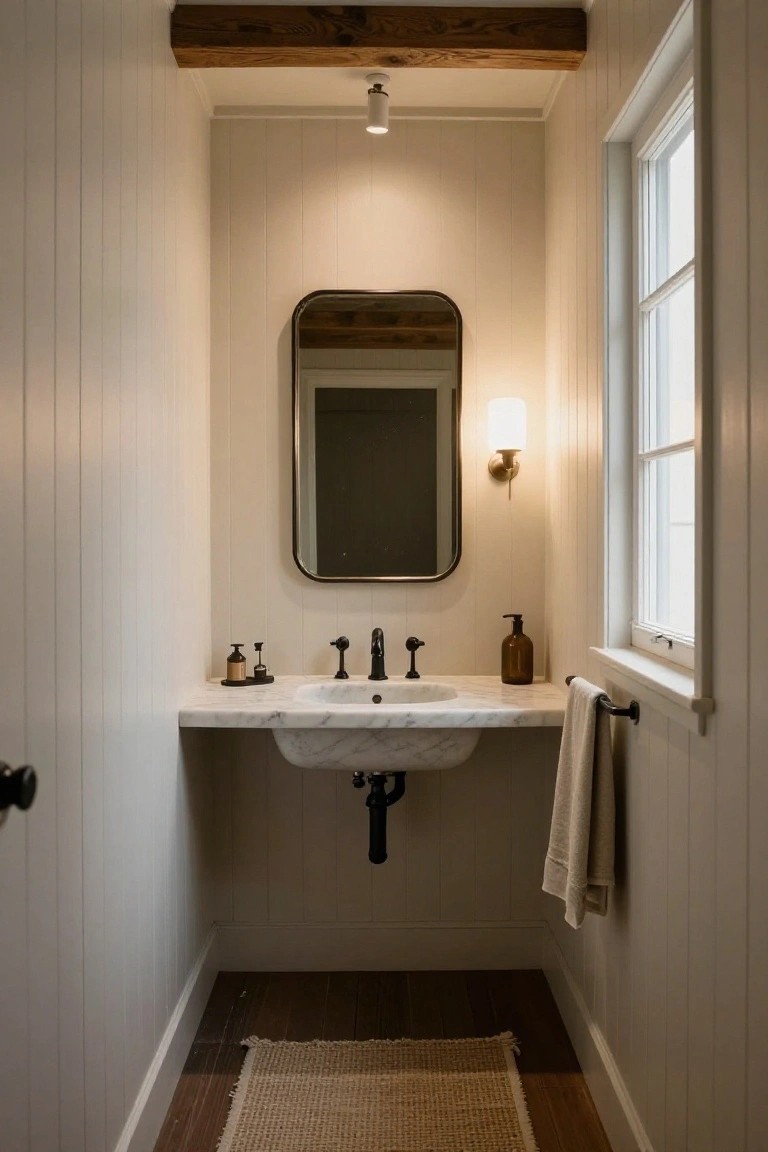 Narrow interior powder room with white shiplap paneled walls, dark exposed wooden beam ceiling, floating white marble sink with black faucet, oval black-framed mirror, wall sconce, window, towel bar with linen towel, and wood floor with seagrass rug.