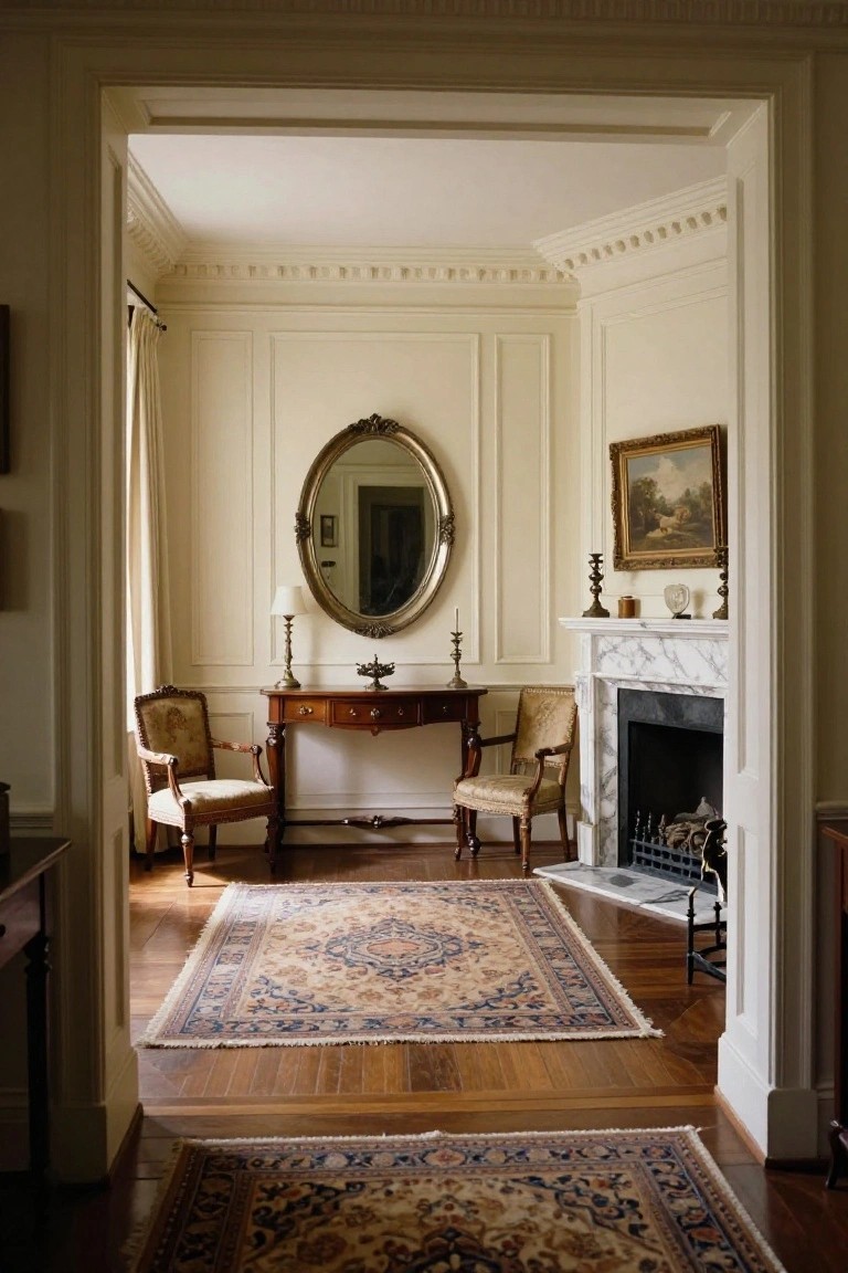 Cream-paneled interior room viewed from a doorway, showing two beige upholstered armchairs flanking a wooden console table before a marble fireplace with ornate mirror above, brass candlesticks, paintings, and patterned rugs on hardwood floors.