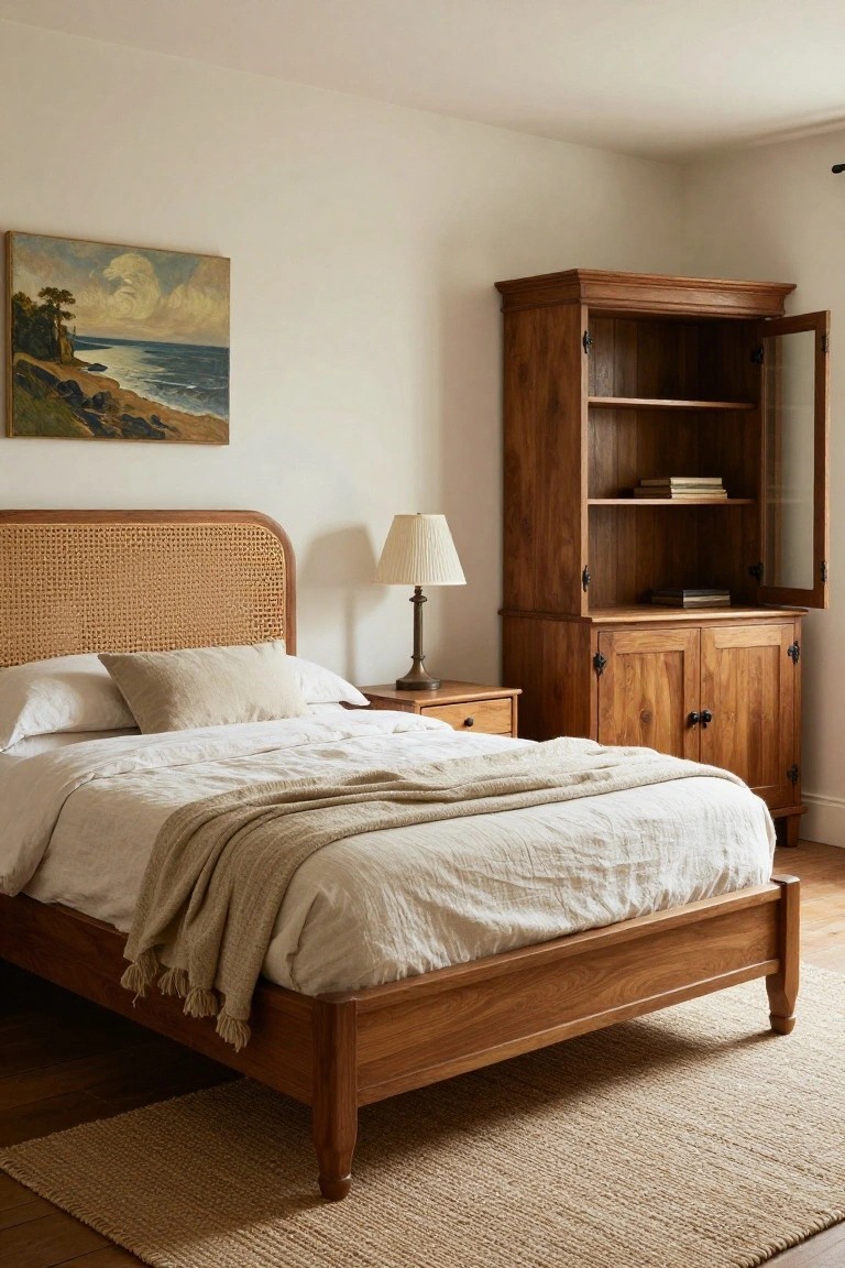 A bedroom with a wooden bed frame featuring rattan headboard, white linens, a wooden nightstand with lamp, and a tall open wooden armoire with glass doors and books inside, next to white walls and a seascape painting.