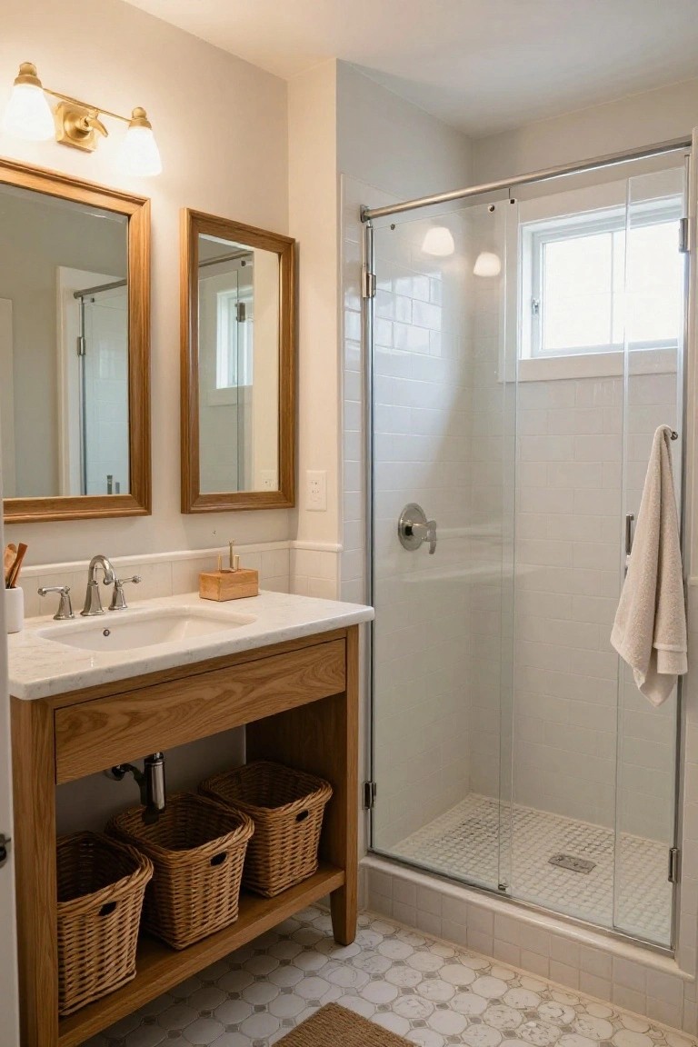 A compact bathroom with an oak wood vanity featuring a white marble sink top, open lower shelves holding three woven baskets, flanked by wood-framed mirrors, a glass shower enclosure with white subway tile walls and floor, and a beige towel hanging on the shower door.