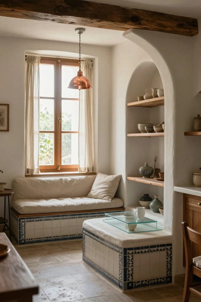Cozy kitchen nook with built-in beige banquette under a double casement window, white arched wall with wooden shelves displaying pottery and ceramics, copper pendant light, and tiled bench base.