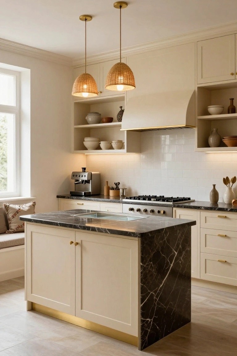Kitchen interior with a central island topped in black veined marble, featuring cream cabinets, built-in banquette seating with a patterned cushion, rattan pendant lights overhead, and white subway tile backsplash.
