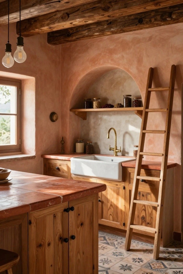 Rustic kitchen interior with pink plaster walls, exposed wooden beams, arched niche, wooden ladder leaning against open shelves stocked with jars, white farmhouse sink with gold faucet, terracotta countertops, and wooden cabinets.