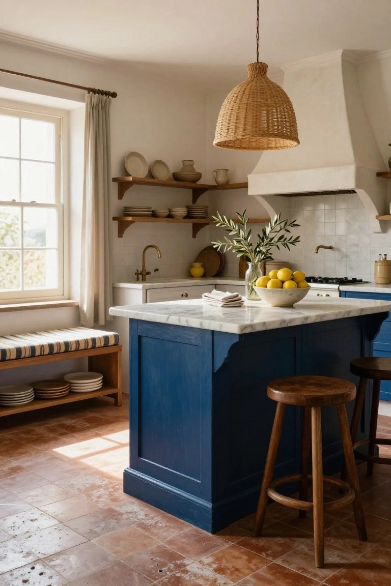 Kitchen interior with navy blue center island topped in white marble, two wooden stools, terracotta tile floor, rattan pendant light, white walls and cabinets, brass faucet, and shelves holding ceramics and lemons in a bowl.