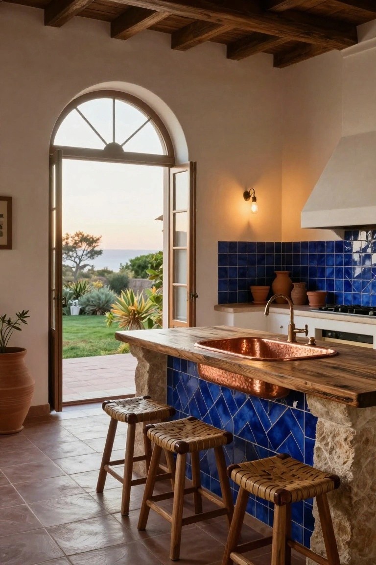 Kitchen interior with wooden ceiling beams, arched open doors to garden and sea view, blue tiled backsplash and island base, terracotta tile floor, reclaimed wood island with hammered copper sink, rattan stools, and potted plants.