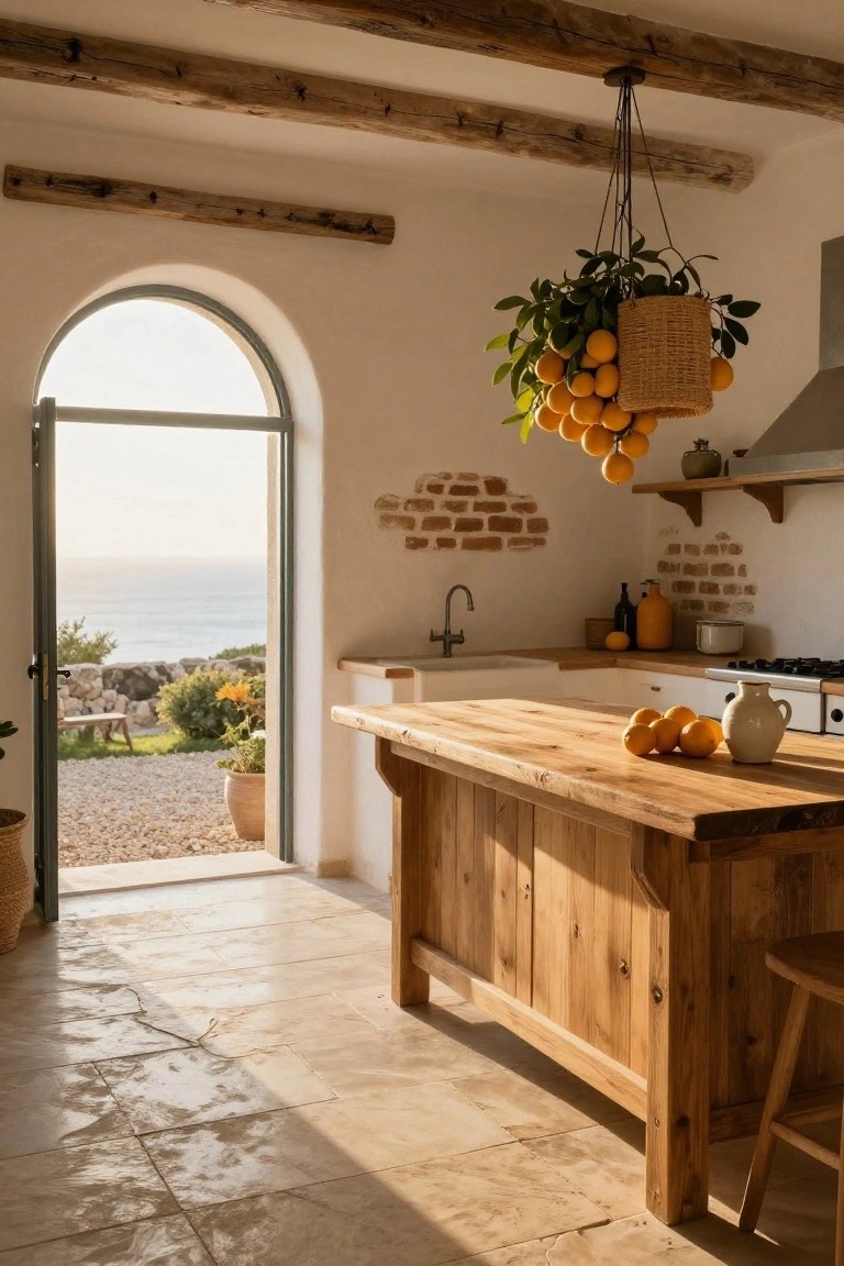 Interior of a white Mediterranean kitchen featuring a large central wooden island, exposed beam ceiling, hanging basket of oranges, brick wall accents, and an open arched door to a seaside terrace.