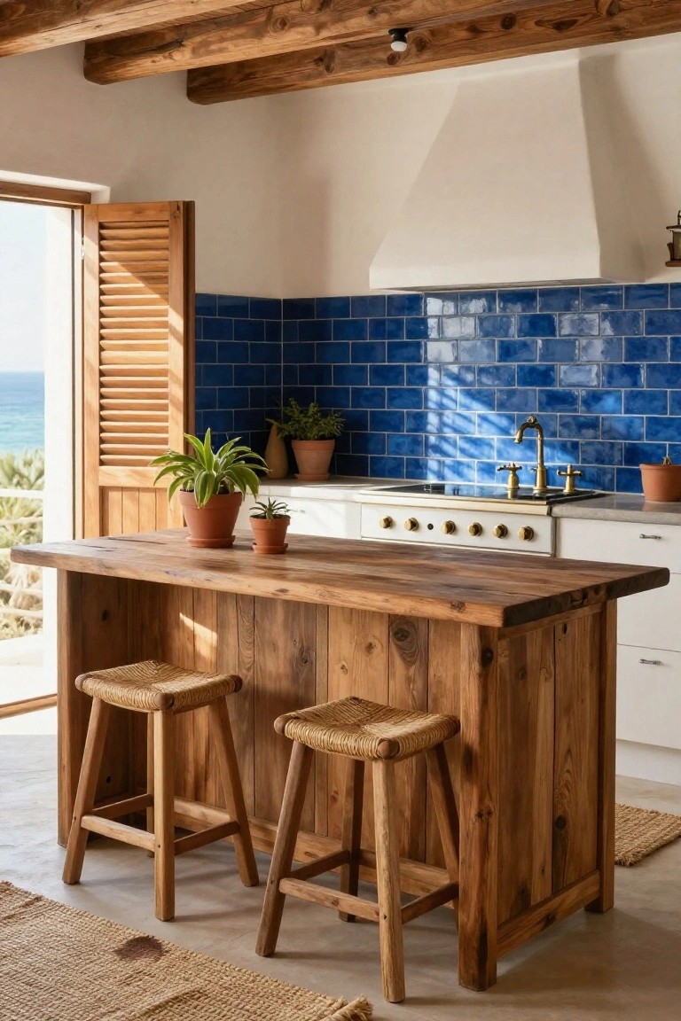 A kitchen interior with exposed wooden beams, blue subway tile backsplash, white stove and cabinets, a large wooden island with two rattan stools, potted plants, and open wooden shutters overlooking the ocean.