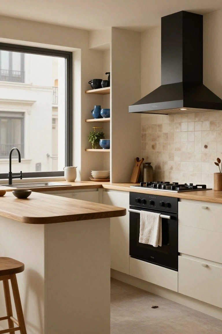 Modern kitchen with light oak wood countertops on an L-shaped island and workspace, white cabinets, black range hood and stove, beige tile backsplash, blue pottery on shelves, and a window view of beige buildings.