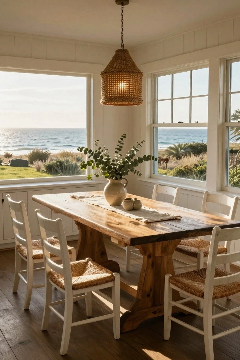 White corner dining room with wooden trestle table, white chairs with rattan seats, beige runner and vase of eucalyptus on table, rattan pendant light overhead, and large multi-pane windows showing ocean, beach, and landscape views.