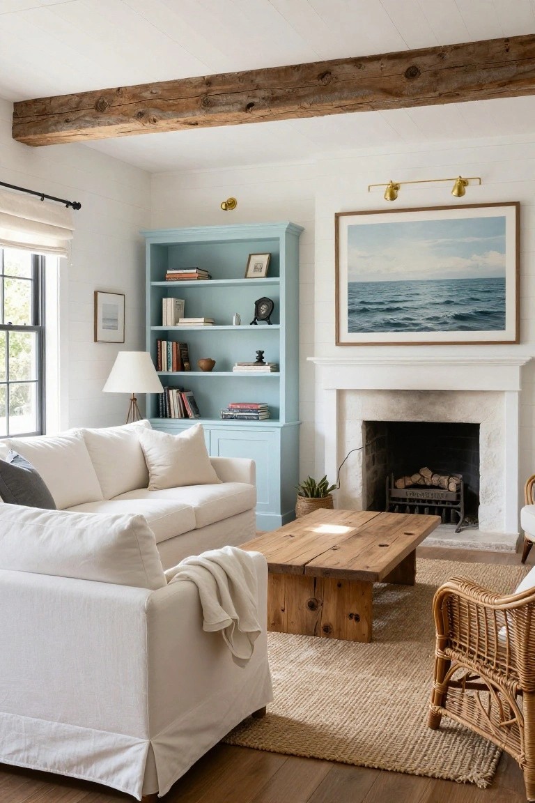 Living room interior featuring a white slipcovered sofa facing a white stone fireplace with logs inside, turquoise painted built-in bookcase filled with books and objects, chunky wooden coffee table on seagrass rug, exposed wooden ceiling beams, large framed ocean photo above mantel, and rattan chair nearby.