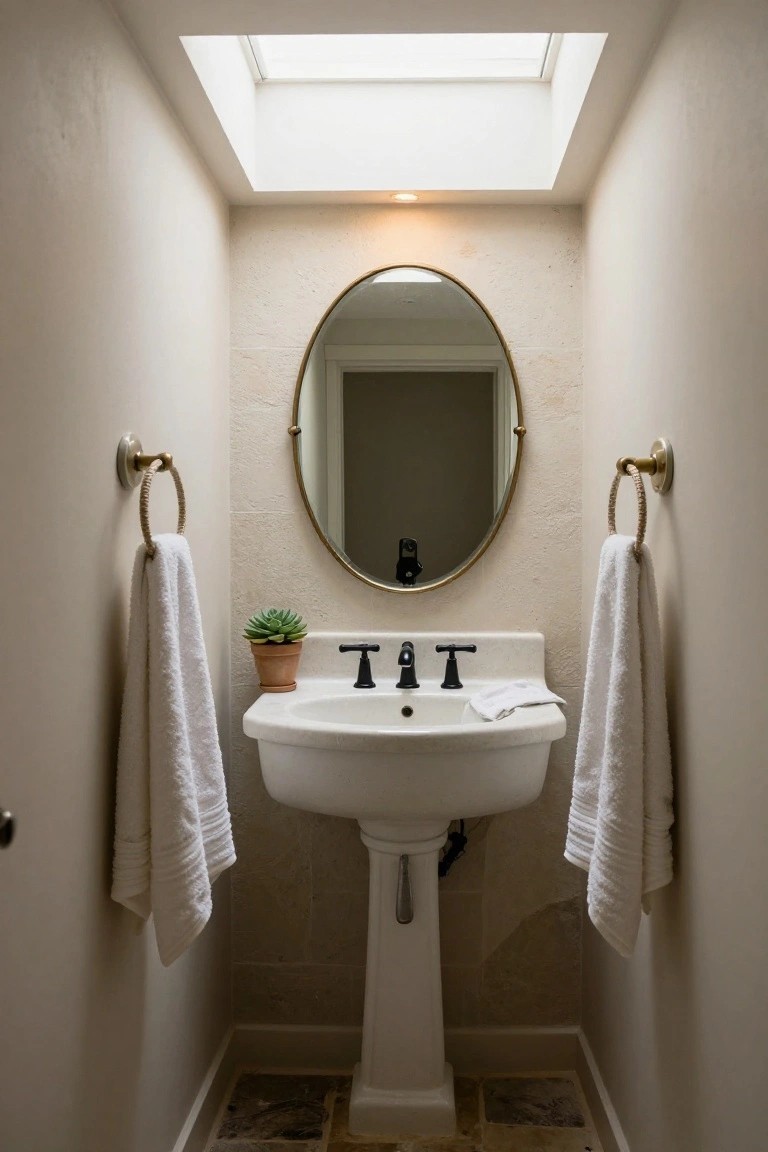 Narrow beige powder room with white pedestal sink under gold oval mirror, white towels on brass rope towel holders flanking the sink, potted succulent nearby, and skylight overhead.