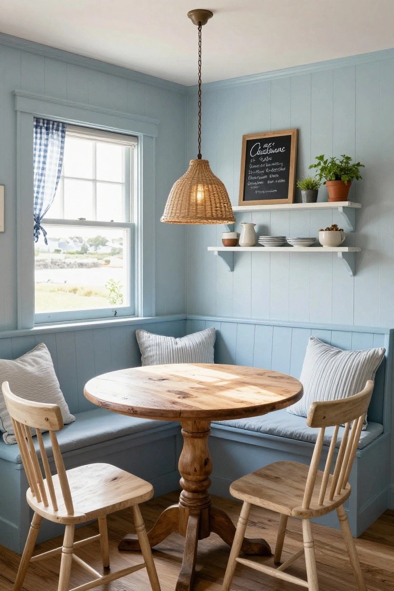 Light blue shiplap-walled kitchen corner with built-in bench seating and white cushions around a round wooden table, wooden chairs on two sides, wall shelves with pottery and plants, rattan pendant light, and window to coastal view.