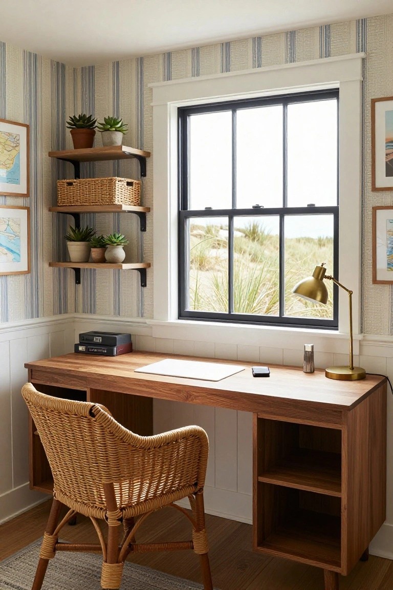 Corner home office with walnut wood desk, rattan armchair, floating wood shelves holding potted succulents, striped wallpaper, gold desk lamp, and large black-framed window overlooking beach dunes.