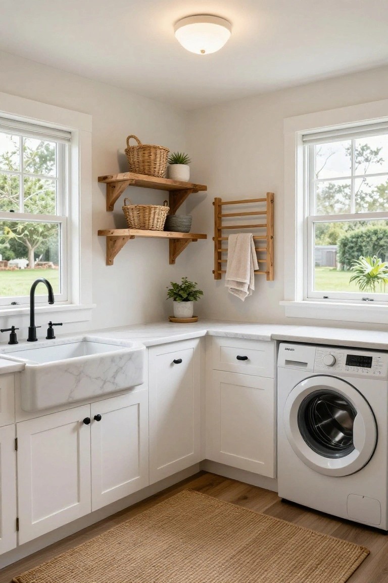 Corner laundry room interior with white farmhouse sink, front-load washer, white shaker-style cabinets, wooden open shelves holding woven baskets and potted plants, wooden towel rack, and double windows showing trees and yard outside.