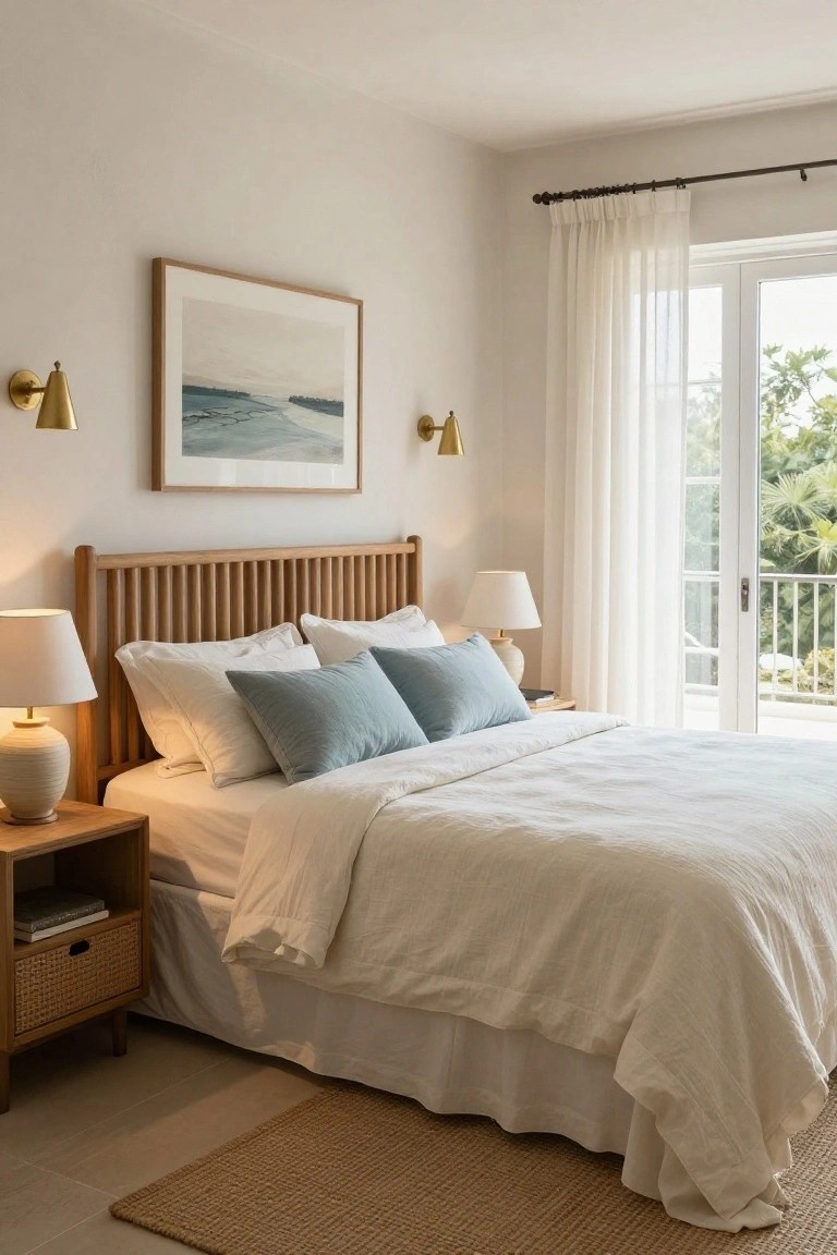 Bedroom interior with light wood spindle headboard, white linen bedding with blue pillows, ceramic lamps on wooden nightstands, framed abstract seascape art, gold wall sconces, sheer curtains on French doors to balcony, and seagrass rug on tile floor.