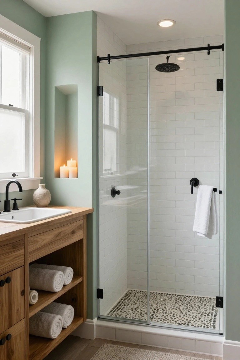 Bathroom interior with mint green walls, wooden vanity featuring open lower shelves stocked with rolled white towels, white subway tile glass shower enclosure with black hardware and pebble shower floor, recessed niche with candles, and black faucet at white sink.