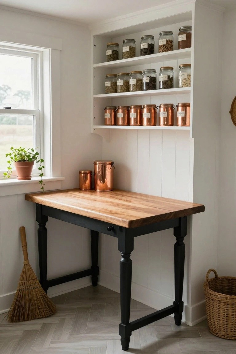 Corner kitchen nook with open white shelves stocked with glass jars of spices, nuts, and copper canisters, a wooden butcher block table on black turned legs, a potted ivy plant on the windowsill, a broom leaning against the wall, and a woven basket on the herringbone floor.