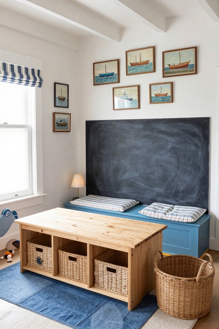Children's playroom with a wooden bench featuring wicker basket storage, blue striped cushions, a large chalkboard wall behind it, nautical ship paintings on white walls, a window with blue roman shade, and toys on the blue rug.