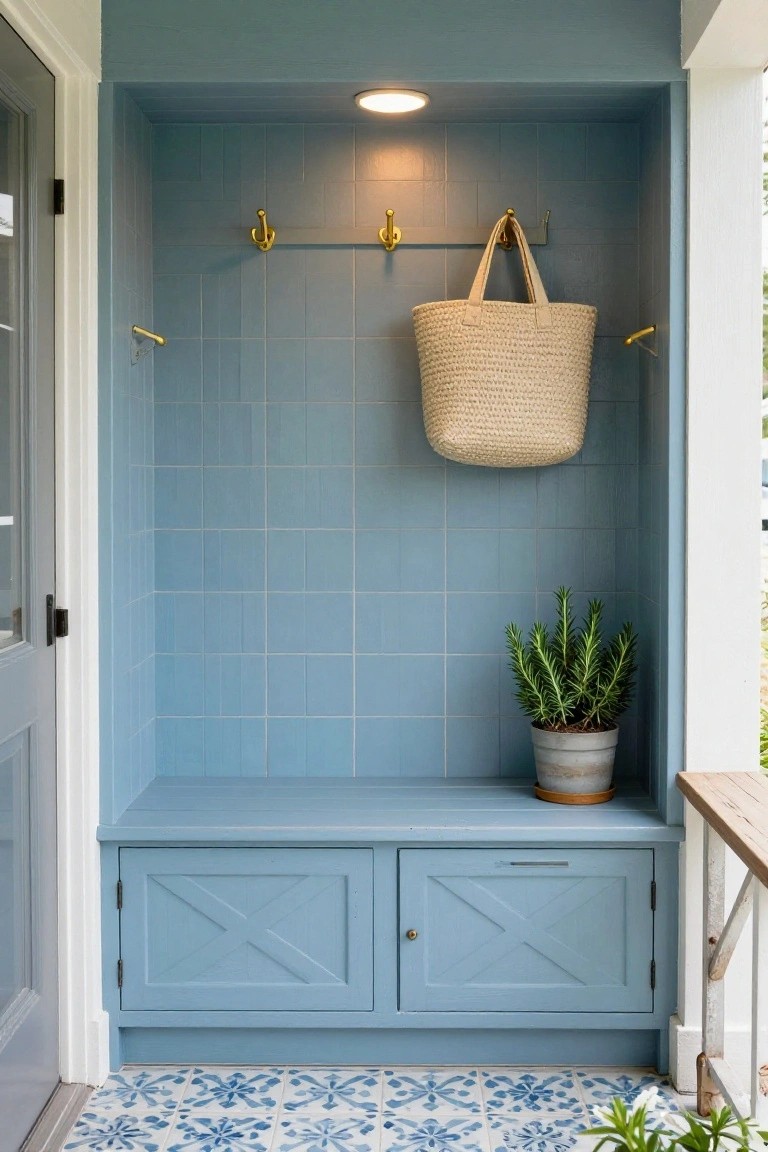Blue tiled covered porch alcove with built-in bench featuring X-detail cabinet doors, brass hooks holding a straw bag, potted succulent plant on bench, and blue patterned floor tiles next to a gray door.