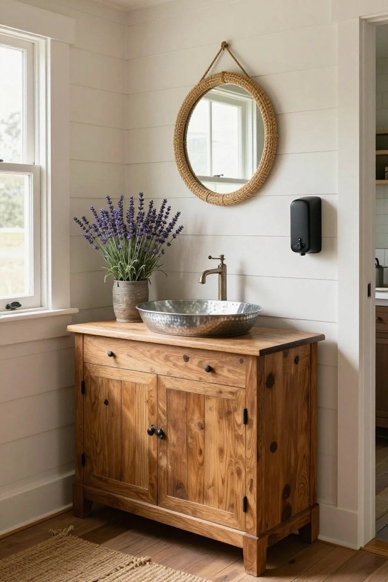 Wooden corner vanity cabinet with hammered metal sink basin, brass faucet, rattan mirror on wall, lavender bouquet, soap dispenser, and white shiplap walls next to window and open door.