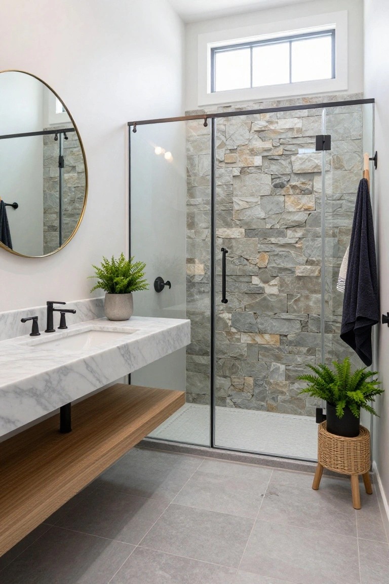 Modern bathroom with glass shower enclosure featuring gray stacked stone walls, floating white marble vanity on wooden shelf, round brass mirror, potted ferns, and gray tile floor.