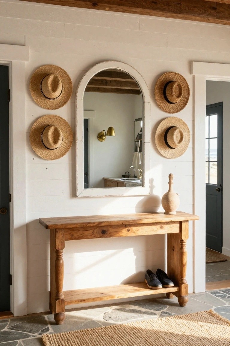 White shiplap entryway wall with arched mirror centered and four straw hats hung around it, wooden console table below holding beige vase and men's shoes on shelf, open doors to rooms with bathroom reflection and ocean view.