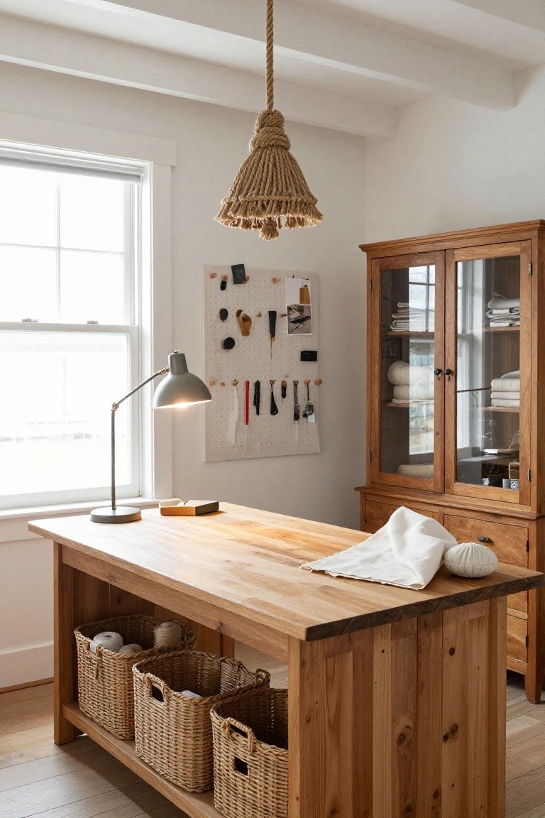 Light-filled room interior featuring a large wooden work island with multiple wicker baskets stored underneath, a rope pendant light hanging from the ceiling, adjustable desk lamp, wooden glass-front cabinet, and corkboard wall with tools.