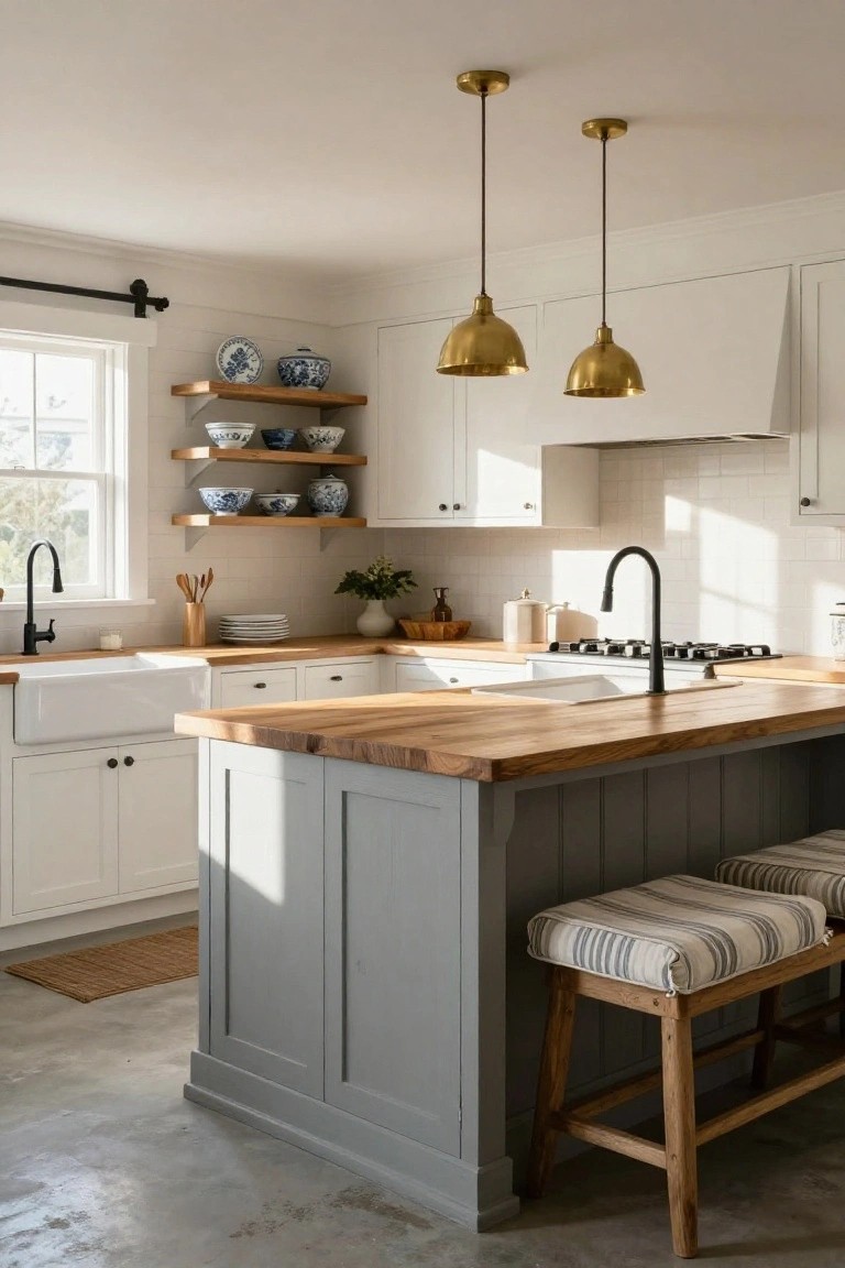Bright kitchen interior featuring white shaker cabinets, light wood countertops, a gray paneled island with wood top and two upholstered wood stools, black faucet at white farmhouse sink, brass pendant lights, and blue and white ceramic dishes on wall shelves.