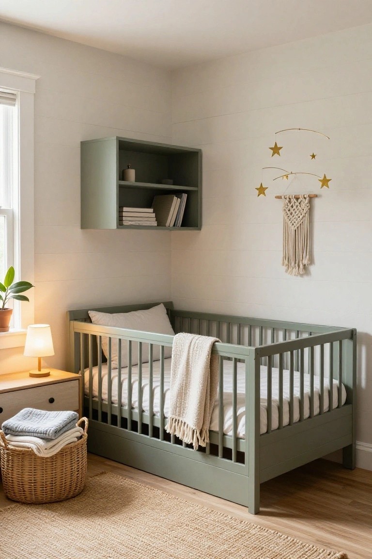 Sage green wooden crib with white bedding and knit throw in a light neutral nursery corner, next to a small wood table with lamp, woven basket of linens, green wall shelf with books, macrame wall hanging, and gold star mobile.