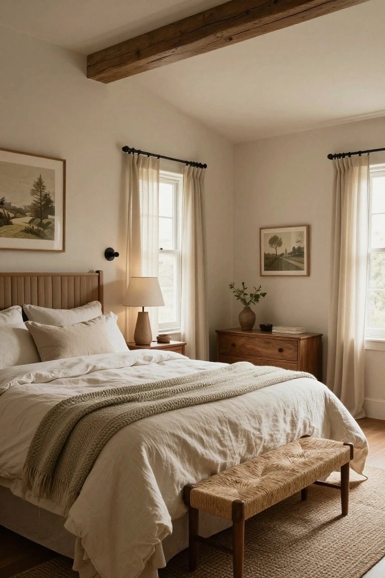 Bedroom interior with exposed wooden ceiling beams, paneled wood headboard bed dressed in white linen sheets and pillows, wood nightstand with ceramic lamp, sheer curtains on two windows, wood dresser, potted plant, artworks on walls, bench at bed foot, and wood floor with rug.